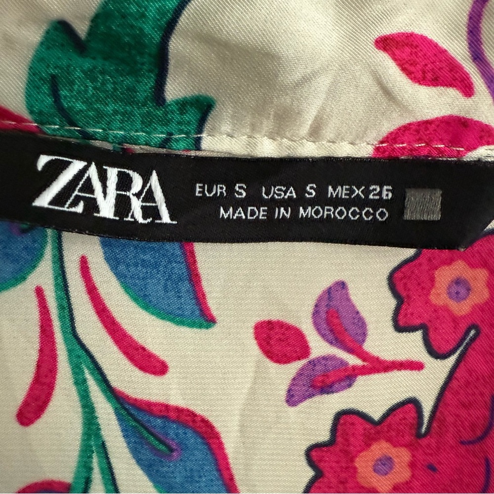Zara Floral Print Button Down Blouse White Hot Pink Blue Retro Size Small - Picture 5 of 9